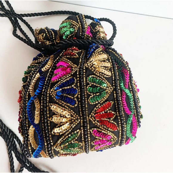 Vintage Malcolm Starr Double Drawstring Purse Bag Beaded Sequins Embellished DR1 - Picture 4 of 8